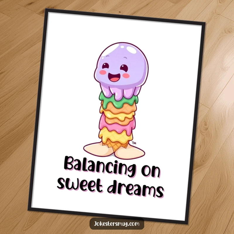Funny Free Printable Wall Art: A wobbly jelly character precariously balances on a stack of melting ice cream cones.