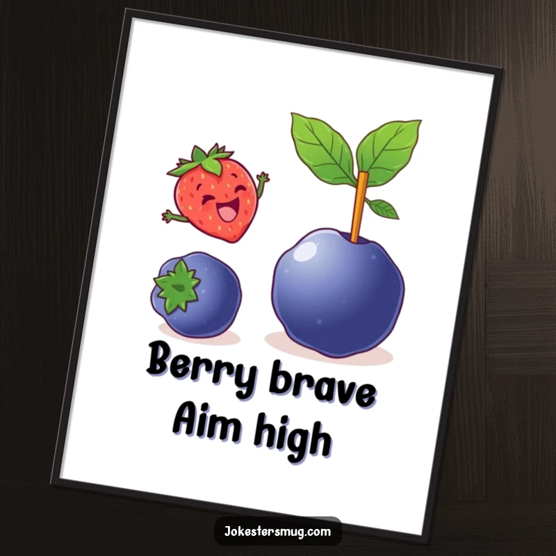 Funny Free Printable Wall Art: A cartoon strawberry joyfully pole vaults over a giant blueberry.
