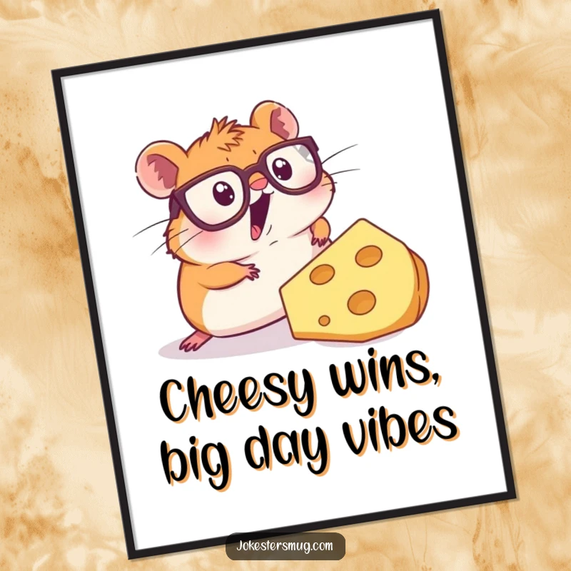 Funny Free Printable Wall Art: Surprised hamster wearing glasses trips over a gigantic slice of cheese.