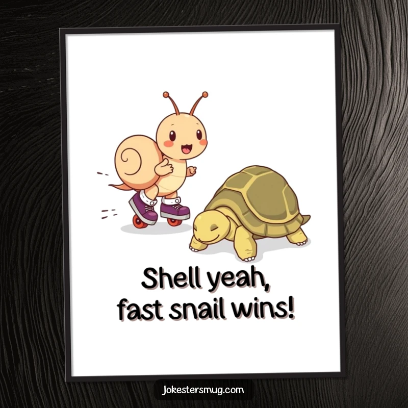 Funny free printable wall art: a snail on roller skates zooms past a peacefully napping tortoise, creating a humorous scene.