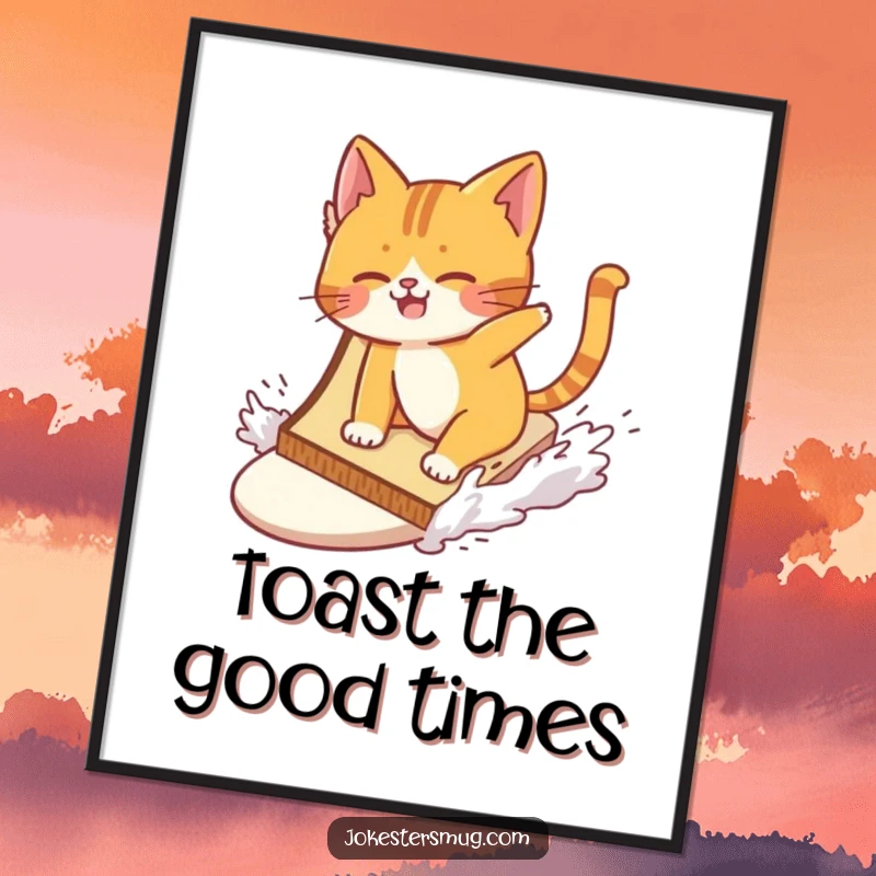 Funny Free Printable Wall Art: A cat comically wiping out while attempting to surf a giant slice of toast.