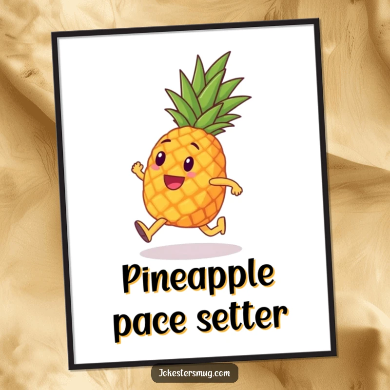 Funny Free Printable Wall Art: A pineapple with tiny legs comically running a marathon, depicting humorous perseverance and dedication.