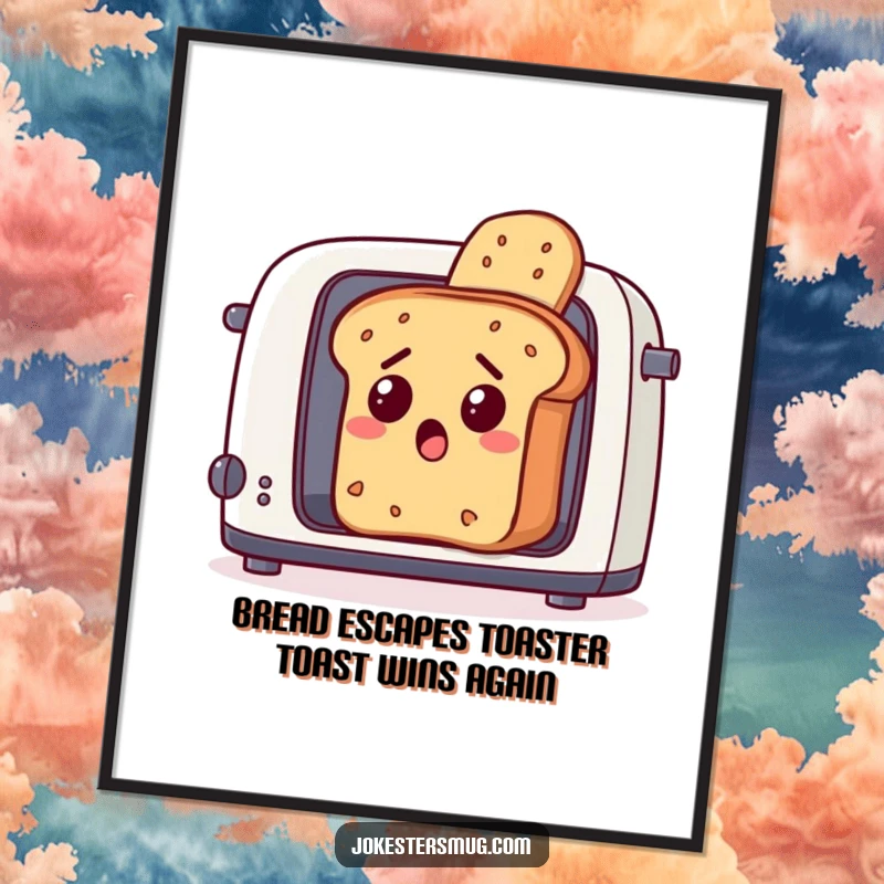 Funny Free Printable Wall Art: A surprised loaf of bread bursts out of a toaster, a humorous and quirky piece of downloadable art.