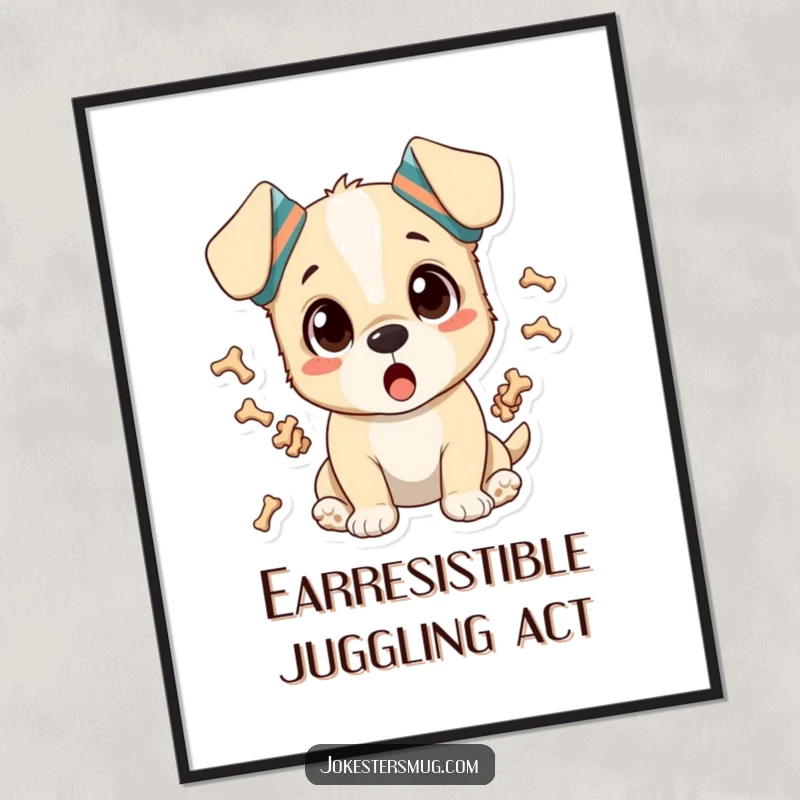 Funny Free Printable Wall Art: Surprised puppy with socks on ears juggling tiny bones, a unique downloadable decor gift.
