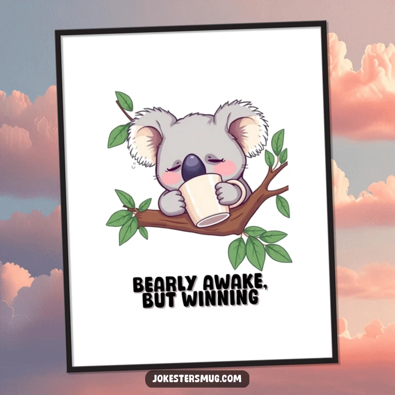 Funny Free Printable Wall Art: A cute koala bear is fast asleep in a tree branch, a coffee mug stuck on its nose.