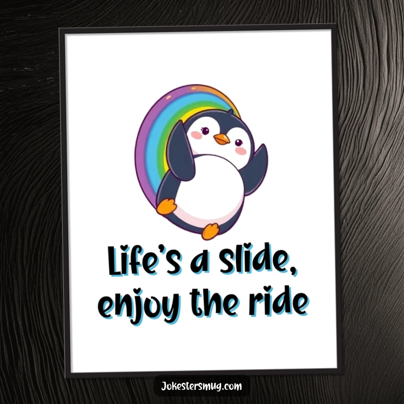 Funny Free Printable Wall Art: A penguin slides down a rainbow, landing upside down with a surprised expression, creating whimsical decor.