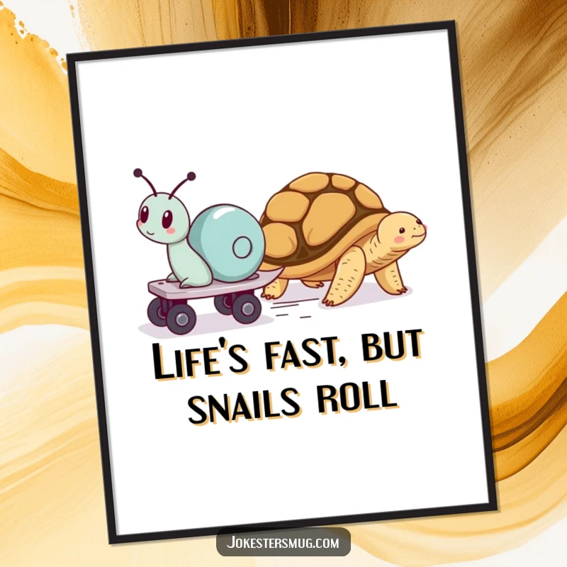 Funny Free Printable Wall Art: A snail on roller skates speeds past a napping tortoise, creating whimsical and humorous decor.