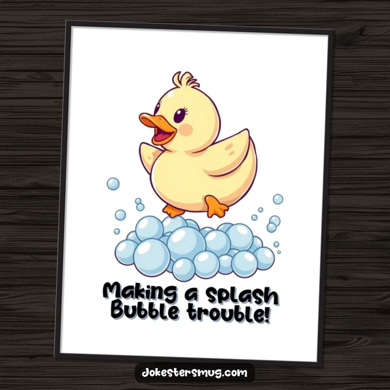 Funny free printable wall art of a rubber ducky dramatically leaping over a pile of bubbles, evoking pure, silly joy.