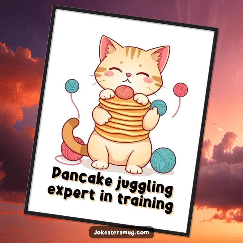 Funny free printable wall art: A silly cat balances a tall stack of pancakes on its nose while expertly juggling yarn.