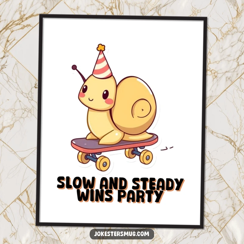 Funny Free Printable Wall Art: A snail wearing a small party hat, captured in motion as it wildly zooms across a skateboard.