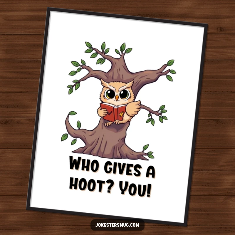 Funny Free Printable Wall Art: A startled owl caught mid-fall from a tree, clutching a book tightly, with a comically surprised expression.