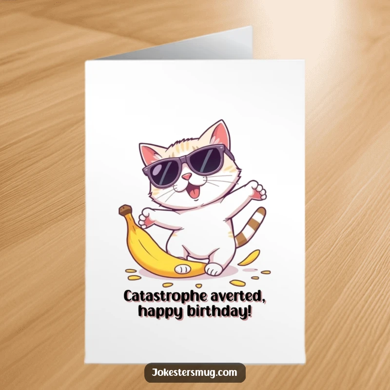Funny Free Printable Birthday Card: A cat in oversized sunglasses comically scatters after tripping on a banana peel, perfect for a wild birthday.