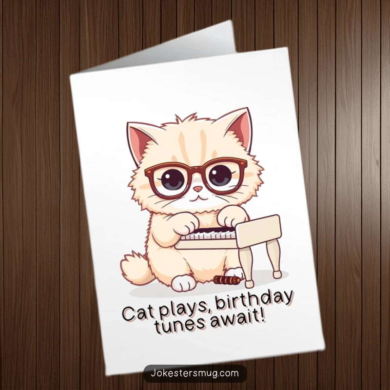 Funny Free Printable Birthday Card: Fluffy cat wearing oversized glasses, intently playing a miniature piano with a determined, comical expression.
