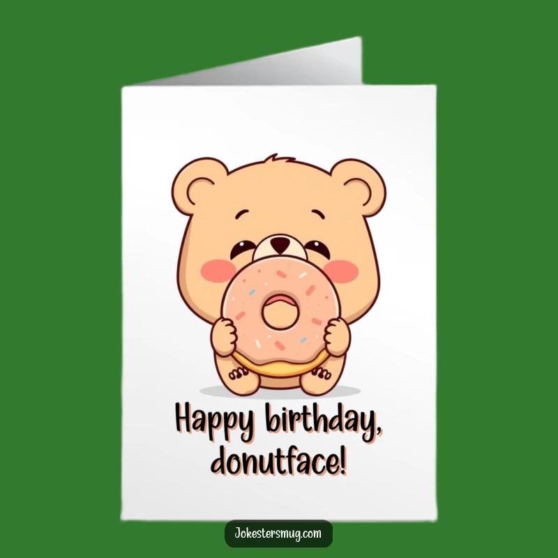 Free Printable Birthday Card: Bewildered Bear with Donut, Funny Animal Downloadable Gift