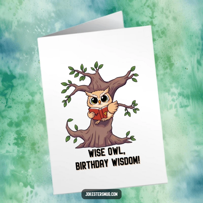 Funny Free Printable Birthday Card: A startled owl falling awkwardly from a tree, desperately clutching a book, with wide, surprised eyes.