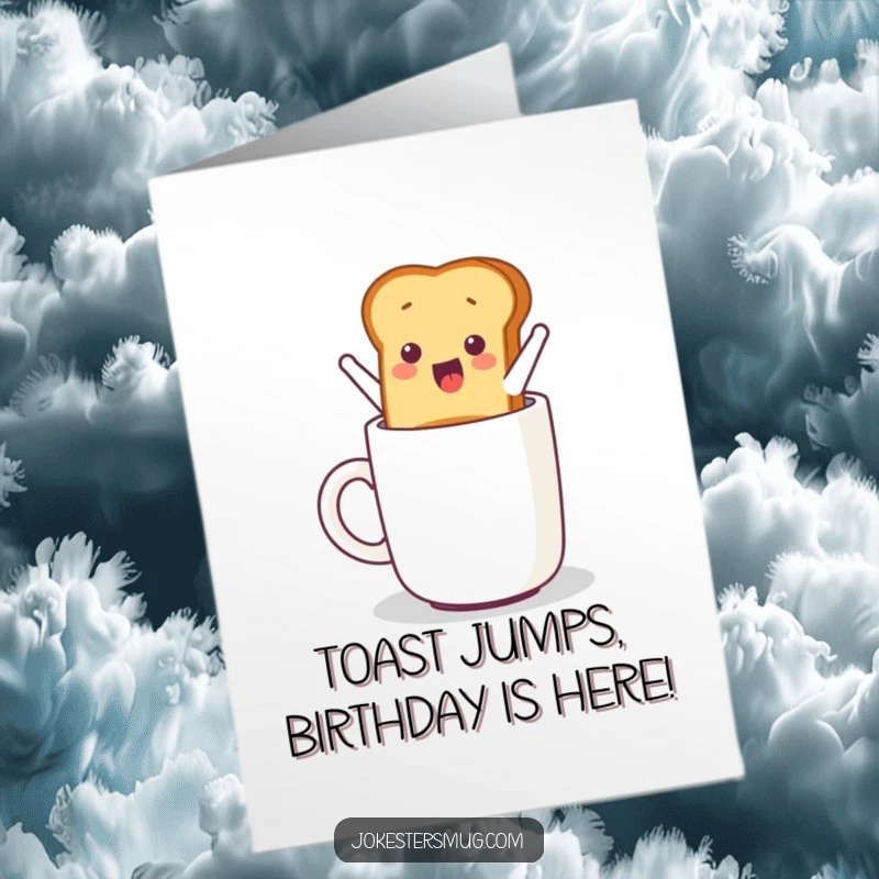 Funny Free Printable Birthday Card: A piece of toast leaping with excitement out of a toaster, aiming for a waiting coffee mug.