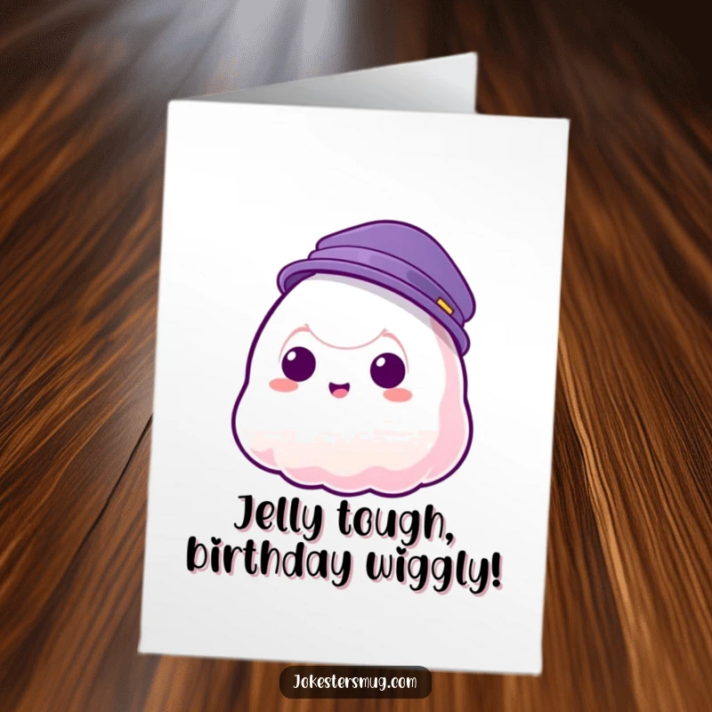 Funny free printable birthday card: a transparent blob of jelly tries to wear a hat that passes right through it, hilariously failing.