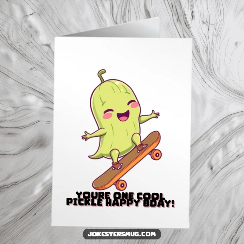 Funny Free Printable Birthday Card: Giggling pickle masterfully ollies on a skateboard, a cool and humorous card.