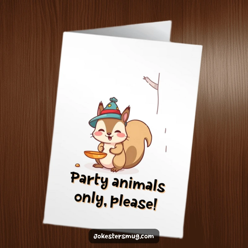 Funny Free Printable Birthday Card featuring a mischievous squirrel accidentally wearing a bird feeder as a hat.