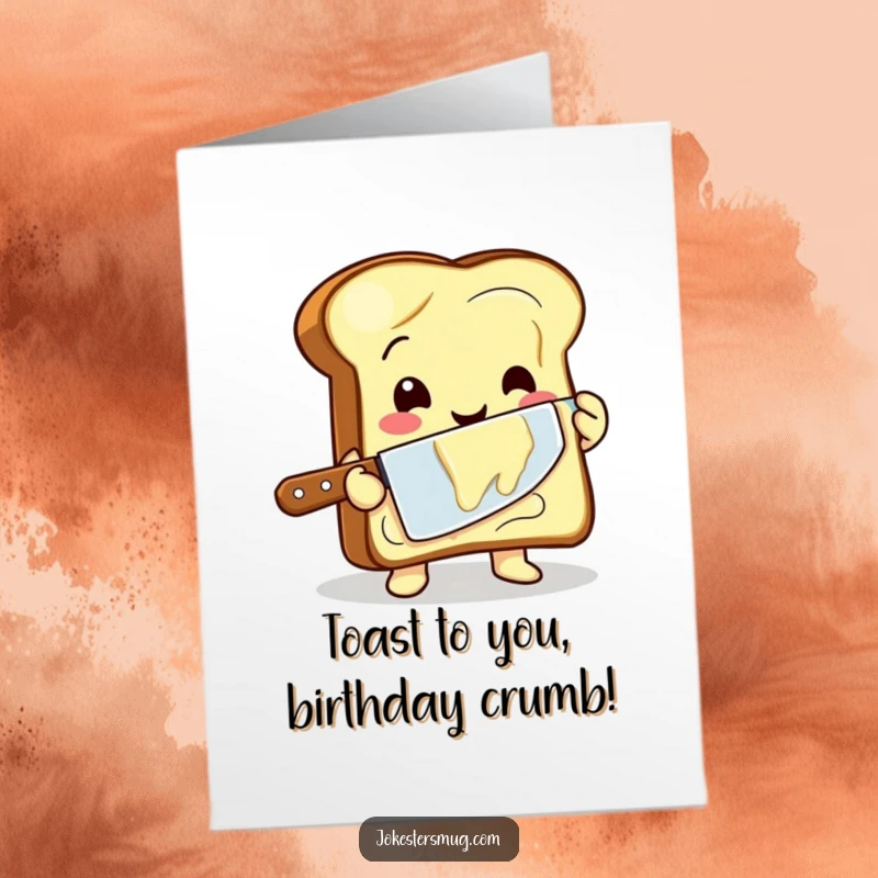 Funny free printable birthday card: a happy toast character awkwardly butters itself with a giant knife, spreading smiles.