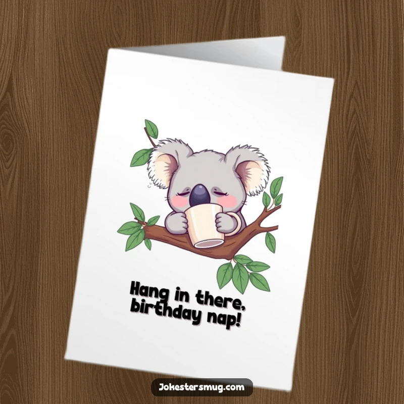 Funny Free Printable Birthday Card: A koala bear is fast asleep in a tree branch, a coffee mug stuck on its nose.