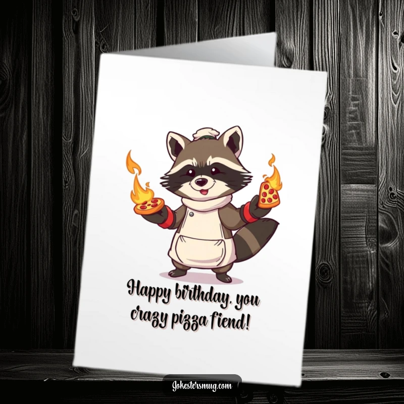 Funny Free Printable Birthday Card: A raccoon in oven mitts precariously juggling flaming pizzas, creating a chaotic celebration.