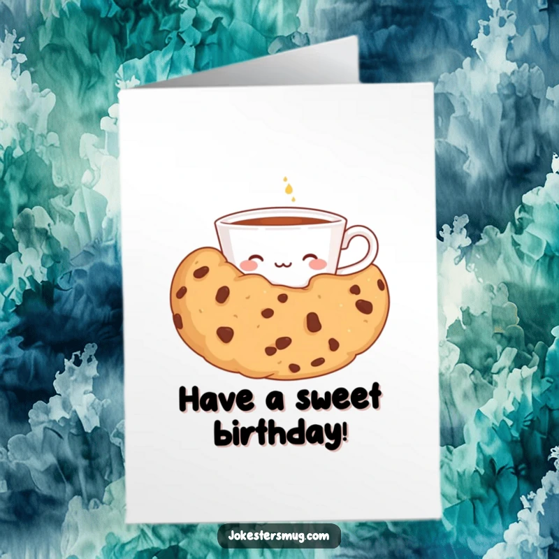Funny Free Printable Birthday Card: A shy teacup peeking from behind a comically large cookie, offering sweet birthday wishes.