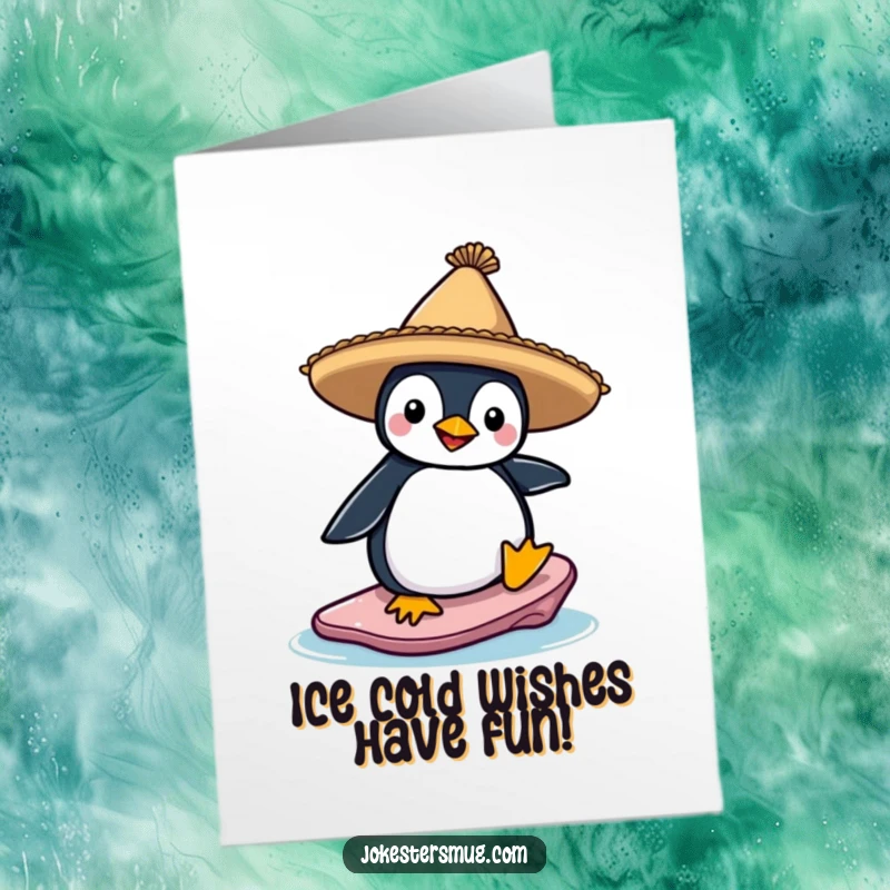 Funny free printable birthday card of a penguin in a sombrero surfing an ice floe with a determined, comical expression.