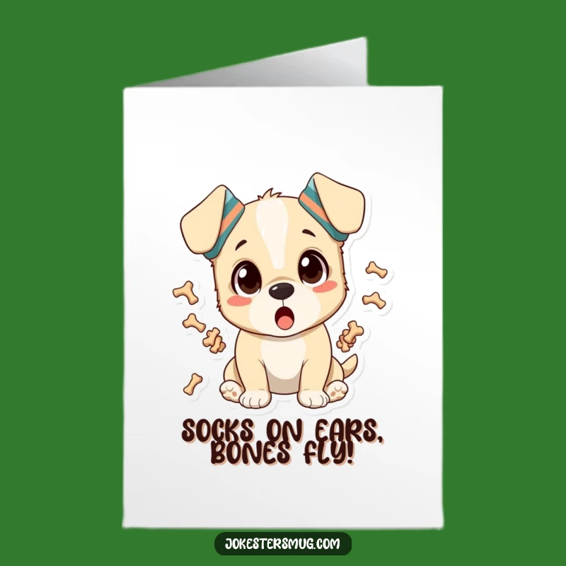 Free Printable Birthday Card: Surprised Puppy Juggling Bones, Funny Dog Downloadable Gift