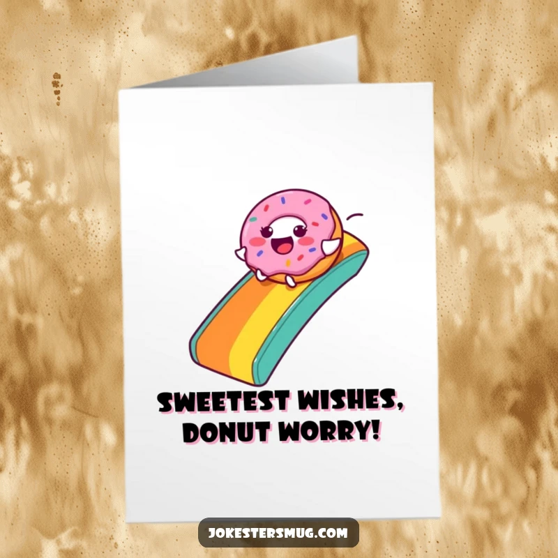 Funny Free Printable Birthday Card showing a donut character joyfully zooming down a vibrant rainbow slide.