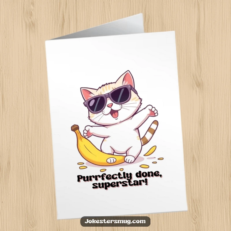 Funny Free Printable Congrats Card: A cat wearing huge sunglasses hilariously falls apart after slipping on a banana peel, a chaotic celebration.