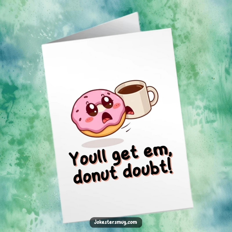 Funny Free Printable Congratulations Card: Startled donut flees from an angry coffee mug, a chaotic celebration of success.