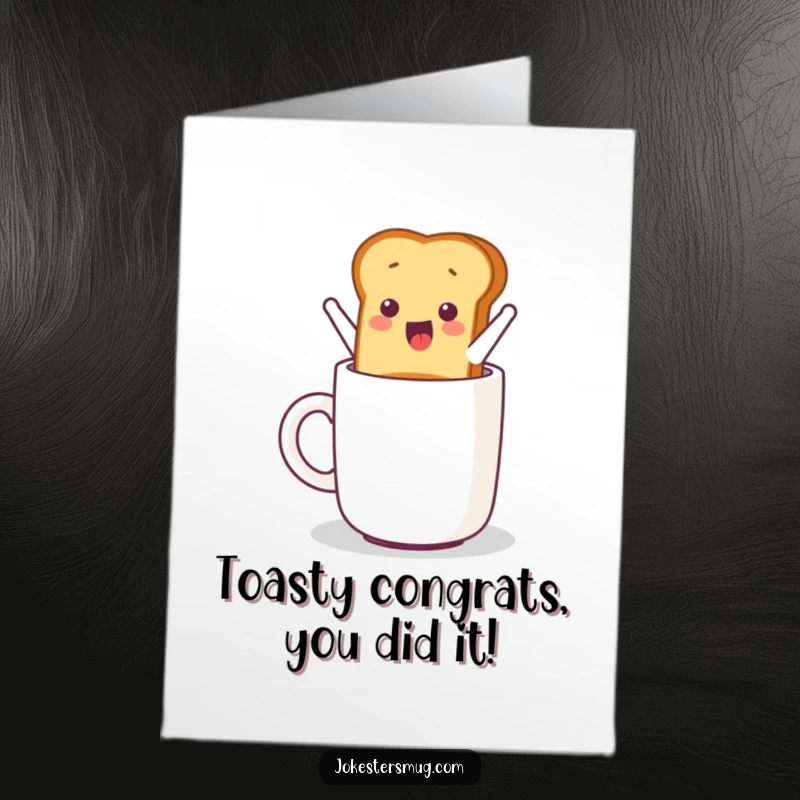 Funny Free Printable Congratulations Card: A piece of toast jumping exuberantly from a toaster into a coffee mug, symbolizing a successful leap.