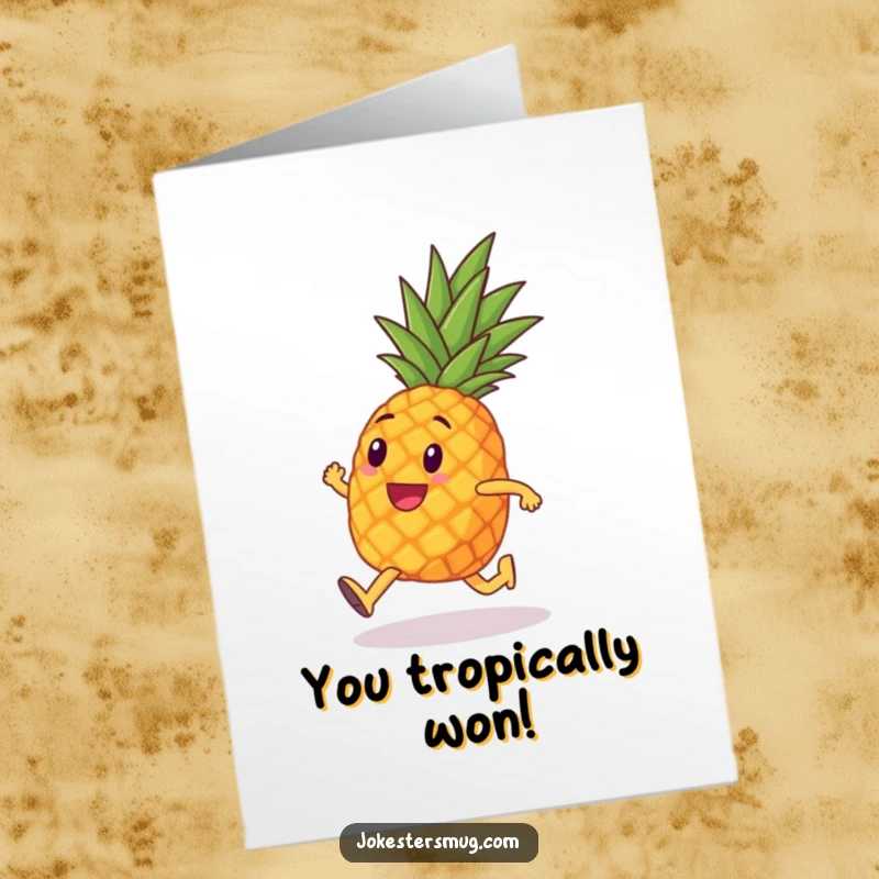 Funny Free Printable Congrats Card: A pineapple with tiny legs crossing a marathon finish line, a humorous symbol of achievement.