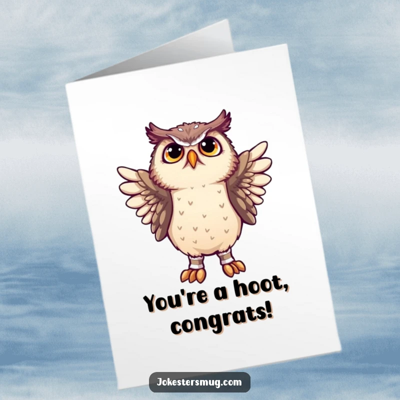 Funny Free Printable congratulations card, a confused owl struggling to wear socks on its wings, a humorous symbol of effort.