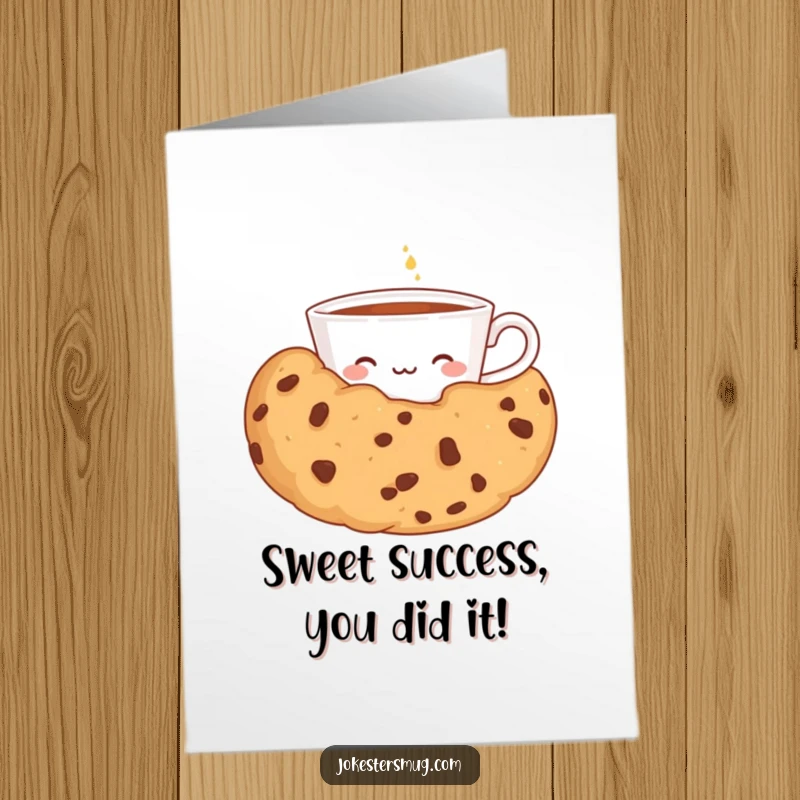Funny Free Printable Congrats Card: A shy teacup peeking from behind a giant cookie, offering congratulations with a sweet gesture.