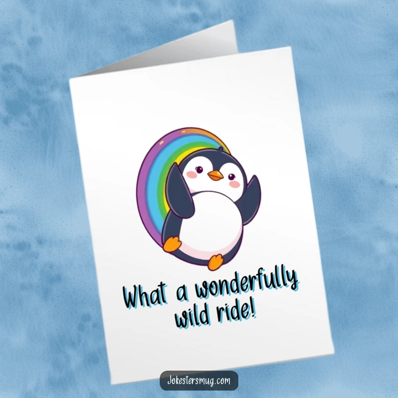 Funny Free Printable Congratulations Card: A penguin slides down a rainbow, landing upside down with a surprised look for your success.