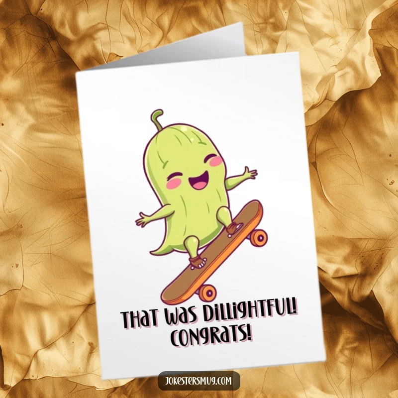 Funny Free Printable Congratulations Card: A pickle on a skateboard executes a perfect ollie, celebrating success.