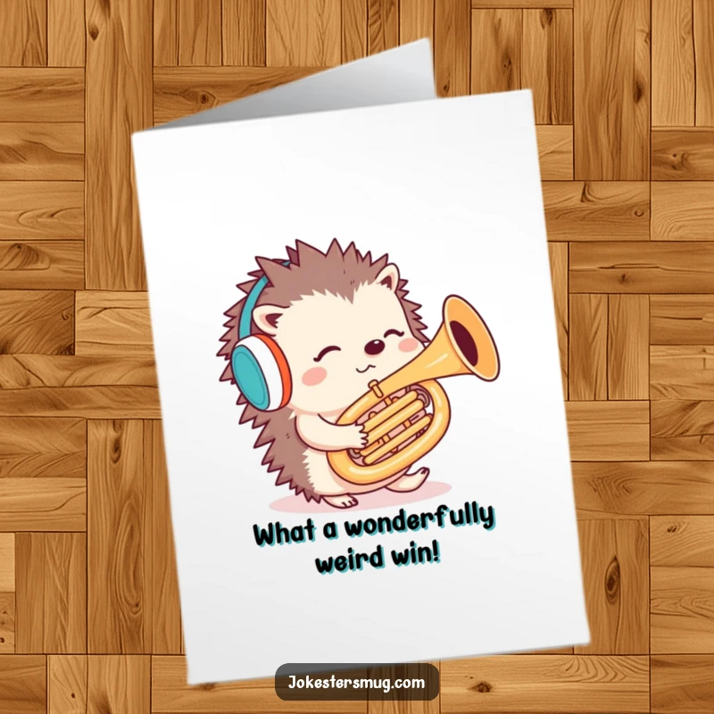 Funny Free Printable Congrats Card: A confused hedgehog in earmuffs attempting backwards tuba play to celebrate.