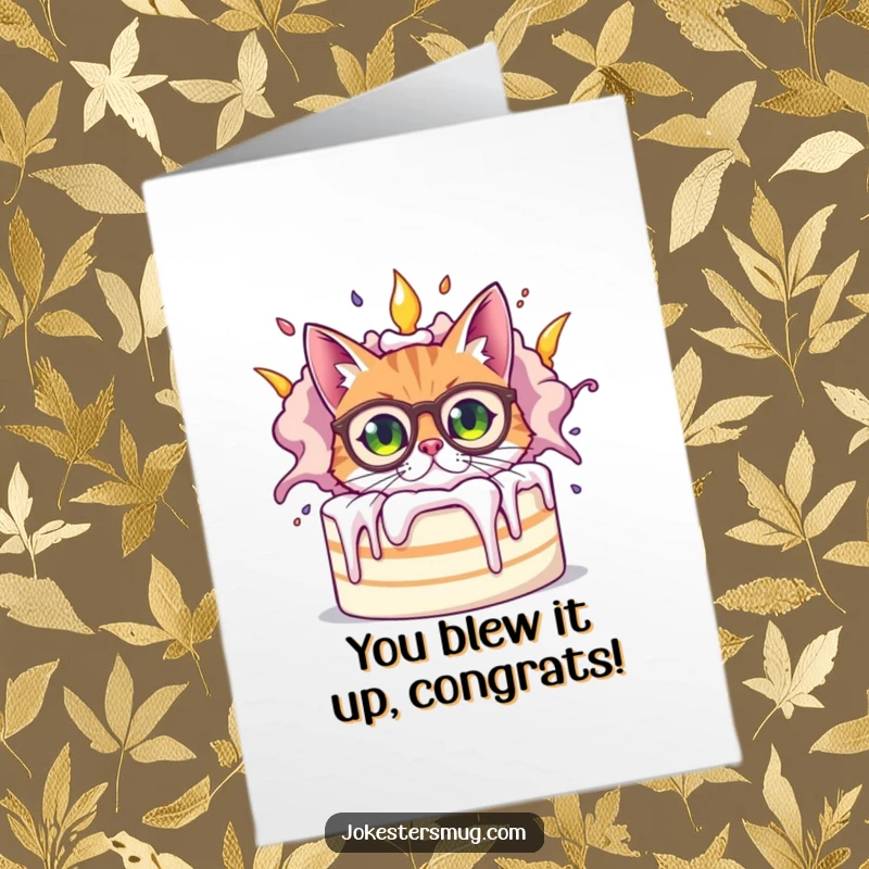 Funny Free Printable Congratulations Card: A wide-eyed cat with spectacles hides behind a massive, erupting cake, comically messy.