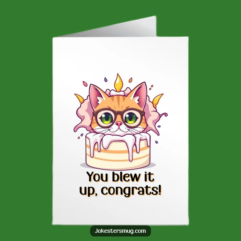 Free Printable Congrats Card: Cat Behind Exploding Cake, Funny Downloadable Greeting Surprise