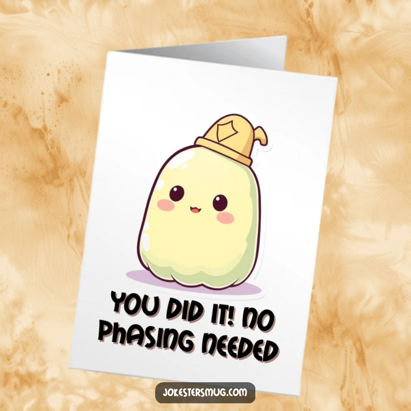 Funny Free Printable Congratulations Card: A jelly blob fails comically at wearing a hat, perfect for celebrating wins.