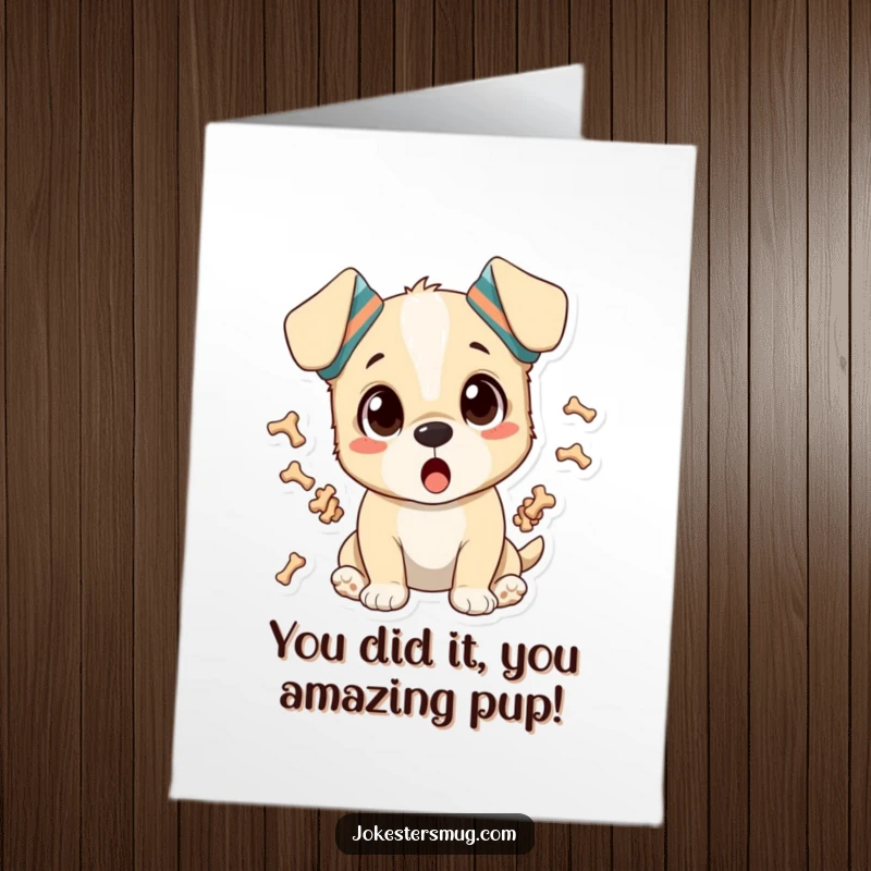 Funny Free Printable Congratulations Card: Surprised puppy with socks on ears juggling bones, a unique downloadable gift.