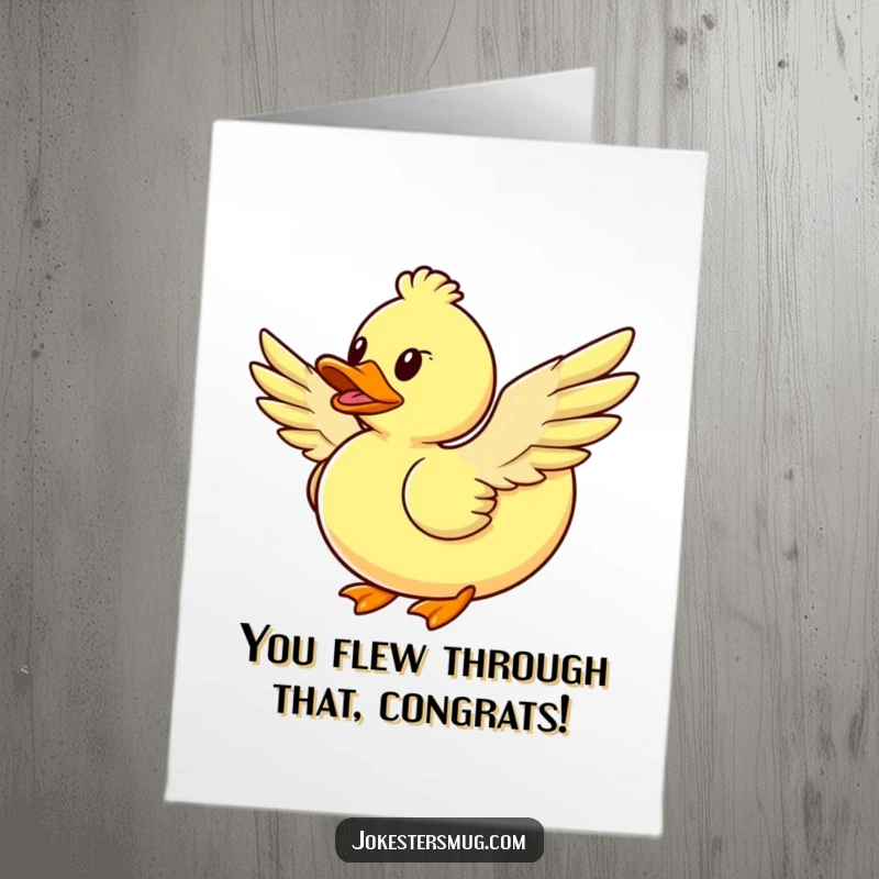 Funny free printable congratulations card: A rubber duck with DIY wings takes flight, symbolizing a humorous leap to success.