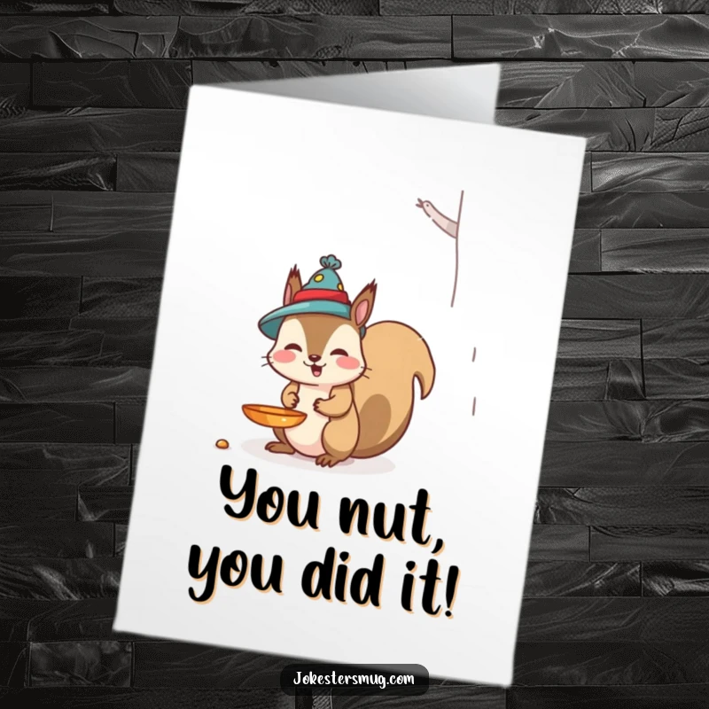 Funny Free Printable Congratulations Card showing a mischievous squirrel accidentally wearing a bird feeder as its hat.