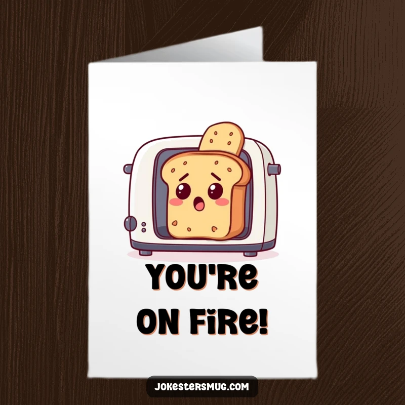 Funny Free Printable Congrats Card: A surprised bread loaf making a daring escape from a toaster, celebrating a victory.