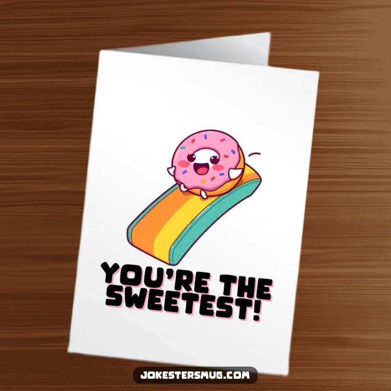 Funny Free Printable Congratulations Card featuring a donut character zooming down a rainbow slide with joy.
