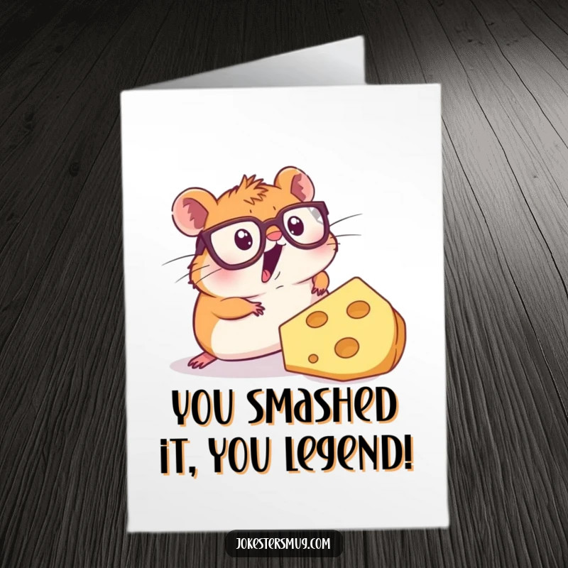 Funny Free Printable Congratulations Card: Hamster in glasses, surprised by a giant cheese slice, celebrating your success.