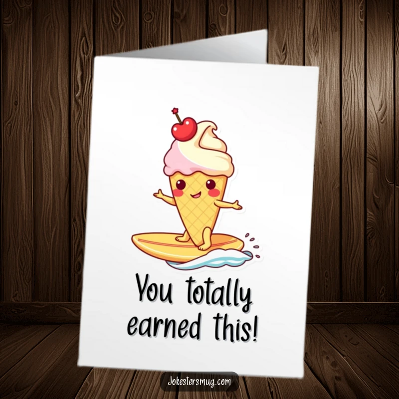 Funny Free Printable Congratulations Card: Ice cream cone surfer riding a banana like a surfboard, celebrating victory.
