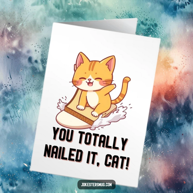 Funny Free Printable Congrats Card: Cat hilariously wiping out after attempting to surf a giant slice of toast.